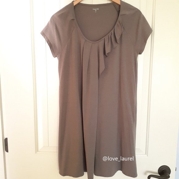 Garnet Hill Short Sleeve Scoop Neck Ruffle Front Dress Brown Taupe Size XS - Picture 1 of 9